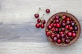 Fresh cherry on plate on wooden grey background. fresh ripe cherries. sweet cherries. Sweet cherries bowl. Royalty Free Stock Photo
