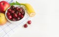Fresh cherry on plate on wooden white background. fresh ripe cherries. sweet cherries Royalty Free Stock Photo