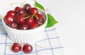 Fresh cherry on plate on wooden white background. fresh ripe cherries. sweet cherries Royalty Free Stock Photo