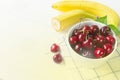 Fresh cherry on plate on wooden white background. fresh ripe cherries. sweet cherries Royalty Free Stock Photo