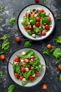 Fresh Cherry Tomato, Mozzarella salad with green lettuce mix and red onion. served on plate. healthy food. Royalty Free Stock Photo