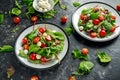 Fresh Cherry Tomato, Mozzarella salad with green lettuce mix and red onion. served on plate. healthy food. Royalty Free Stock Photo