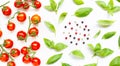 Fresh  cherry tomatoes with basil leaves and different type of peppercorns Royalty Free Stock Photo