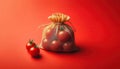 fresh cherry tomatoes in a beige mesh bag, with three more tomatoes Royalty Free Stock Photo