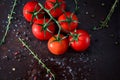 Fresh cherry tomatoes on a black background with spices. Top vie Royalty Free Stock Photo