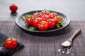 Fresh cherry tomatoes on black round plate,  on dark background Royalty Free Stock Photo