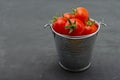 Fresh Cherry tomatoes in a toy mini decorative tin bucket on a dark background. Royalty Free Stock Photo