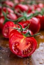 Fresh cherry tomatoes washed clean water. Cut fresh tomatoes Royalty Free Stock Photo