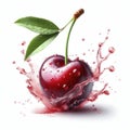 Fresh Cherry with vivid juice and water splashes isolated on white background. ai generative Royalty Free Stock Photo