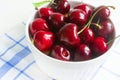 Fresh cherry in white ceramic bowl on wooden white background Royalty Free Stock Photo