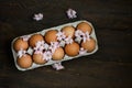 Fresh Chicken brown eggs in carton box on wooden table. organic farming concept. Natural healthy food. eggs in tray and flowers. Royalty Free Stock Photo