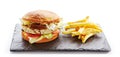 Fresh Chicken Burger with Onions, Tomato Sauce, Pickled Cucumbers, Green Lettuce, Turkey, Cheese and French Fries Garnish. Hamburg Royalty Free Stock Photo