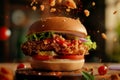 fresh chicken burger sandwich with flying ingredients and spices, Macro Royalty Free Stock Photo