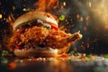 fresh chicken burger sandwich with flying ingredients and spices, Macro Royalty Free Stock Photo