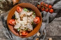 Fresh Chicken Caesar Salad of fresh vegetables with tomatoes, lettuce, croutons, grilled chicken breast, cheese parmesan and sauce Royalty Free Stock Photo