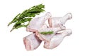 Fresh Chicken drumsticks legs with skin, raw poultry meat. Isolated on white background, top view. Royalty Free Stock Photo