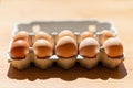 Fresh Natural healthy food and organic farming concept.Chicken eggs in carton box on wooden table.Top view Royalty Free Stock Photo