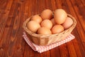 Fresh chicken eggs in the basket put on vintage tablecloth Royalty Free Stock Photo