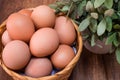 Fresh chicken eggs in basket on wooden table