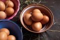 Fresh chicken eggs in bowls. Organic food