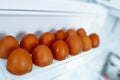 tray brown eggs in refrigerator Royalty Free Stock Photo