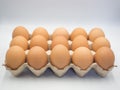 Fresh chicken eggs in a carton box ,cardboard package made of recycled waste paper on white background Royalty Free Stock Photo
