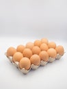 Fresh chicken eggs in a carton box ,cardboard package made of recycled waste paper on white background Royalty Free Stock Photo