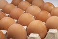 Fresh Chicken eggs in carton box on wooden table. Egg in cardboard box ready to sell.