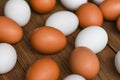 Fresh Chicken eggs and duck eggs on wooden background, white and brown egg nature from farm Royalty Free Stock Photo