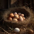 fresh chicken eggs in hay nest on a wooden background. Royalty Free Stock Photo