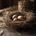 fresh chicken eggs in hay nest on a wooden background.