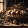 fresh chicken eggs in hay nest on a wooden background. Royalty Free Stock Photo