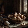 fresh chicken eggs in hay nest on a wooden background.