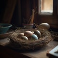 fresh chicken eggs in hay nest on a wooden background.