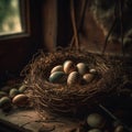 fresh chicken eggs in hay nest on a wooden background.