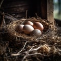 fresh chicken eggs in hay nest on a wooden background. Royalty Free Stock Photo