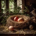 fresh chicken eggs in hay nest on a wooden background.