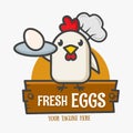 Fresh chicken eggs logo. Funny chicken wearing a chef\'s hat serves eggs on a tray. Design for print, emblem, t-shirt, party