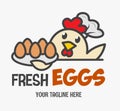 Fresh chicken eggs logo. Funny chicken wearing a chef`s hat serves eggs on a tray. Design for print, emblem, t-shirt, party