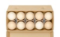 Fresh chicken eggs, raw hen eggs, in a cardboard container, from above Royalty Free Stock Photo