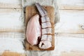 Fresh chicken meat with sliced fish hake on the chalkboard Royalty Free Stock Photo