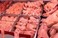 Fresh chicken meat in a supermarket. Raw meat at butcher shop Royalty Free Stock Photo