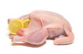 Fresh chicken plucked with lemon on a white background