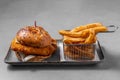 Fresh chicken schnitzel burger with chips Royalty Free Stock Photo