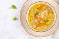 Fresh chicken soup with vegetables and stelline pasta in a bowl with carrot and parsley.