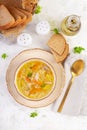 Fresh chicken soup with vegetables and stelline pasta in a bowl with carrot and parsley.