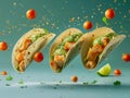 Fresh Chicken Tacos with Guacamole and Tomato Salsa in Dynamic Levitation on Aqua Background