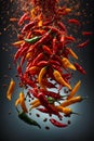 Fresh chili peppers floating in the air, green red yellow, Cinematic advertising photography. Studio lighting, realistic