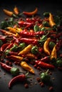 Fresh chili peppers floating in the air, green red yellow, Cinematic advertising photography. Studio lighting, realistic