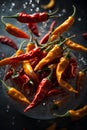 Fresh chili peppers floating in the air, green red yellow, Cinematic advertising photography. Studio lighting, realistic